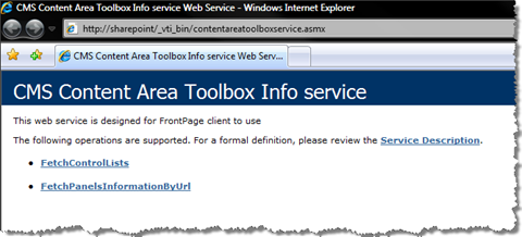 CMS Content Area Toolbox Info service information screen
