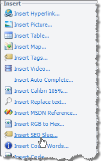 Choose Insert SEO Slug from the Insert panel
