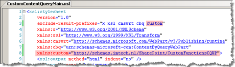 Defining the prefix for the custom XSL functions in CustomContentQueryMain.xsl