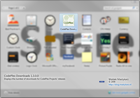 CodePlex Downloads gadget v1.3.0.0 on the add gadget screen