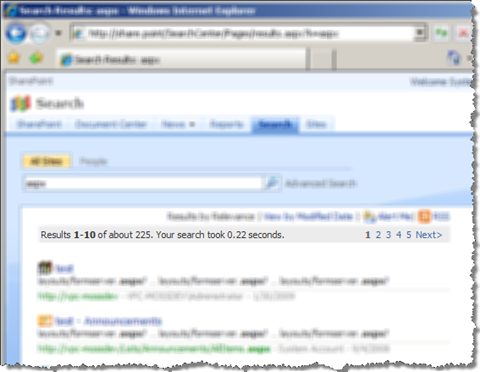The first page of a search result. Estimated number of hits is 225
