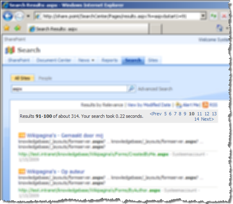 The tenth page of a search result. Estimated number of hits has changed from 225 to 314