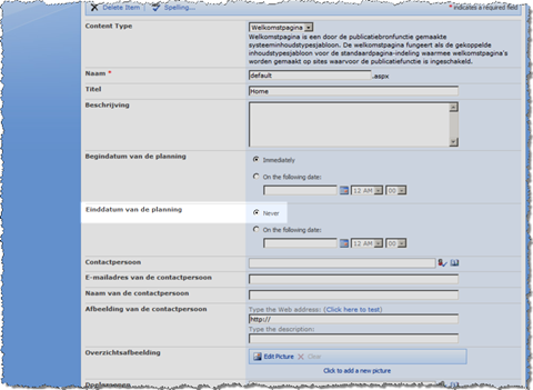 Page Properties page with the schedule controls