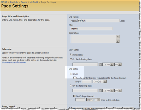 Page Settings page with the Publishing Scheduling controls