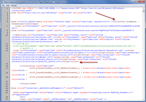 HTML source of a Publishing Page with two title elements in the head section