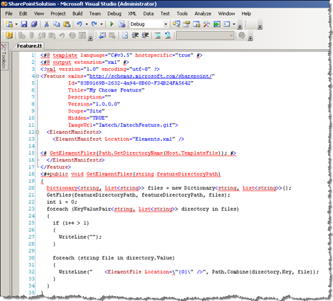 The first version of the template: Feature.tt contains both static Feature information and the routine for files retrieval