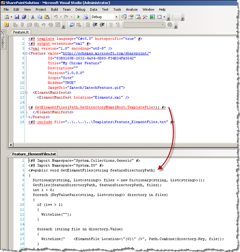 The final version of the template: Feature.tt contains only the static Feature information and includes the ElementFiles.tt which is responsible for retrieving and printing out the list of all Feature files