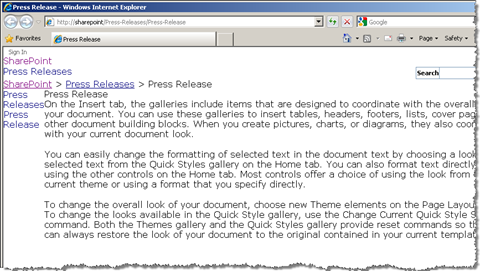 The default SharePoint Publishing Site after applying the first rewriting Rule: the CSS and JavaScript files are missing