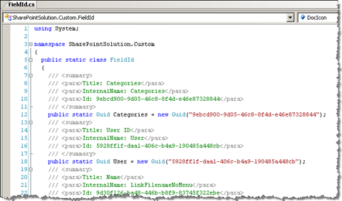 Generated custom SPBuiltInFieldId class for custom columns