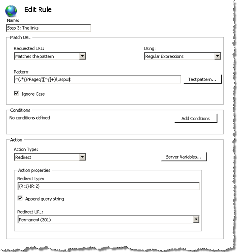Adding the Rule to redirect all requests to Publishing Pages using the .aspx URL’s to their semantic equivalents
