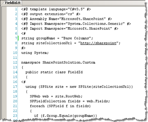 T4 template for generating custom SPBuiltInFieldId class