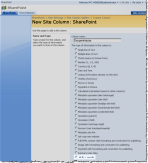 Custom Field Type Site Reference available on the New Site Column page