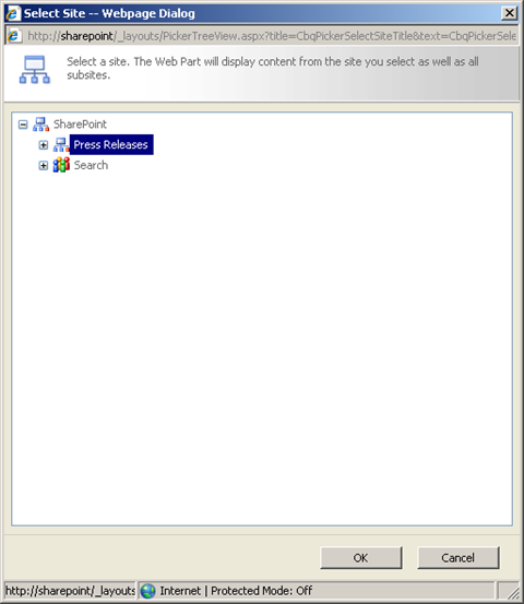SharePoint Site Picker appears after clicking on the Site Picker icon in the Site Reference Field Type