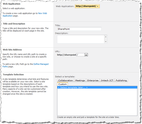 Creating an empty Site Collection without selecting the template