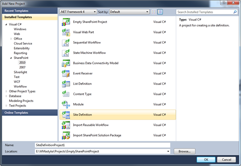 Adding new SharePoint Site Definition Project