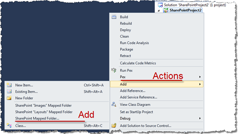 Locations in the SharePoint Project menu where custom menu options can be added to