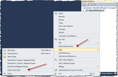 Two custom menu options added to the SharePoint Project menu