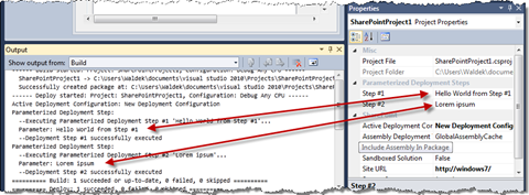 Entered parameters are printed out in the Output Window during the Deployment Process