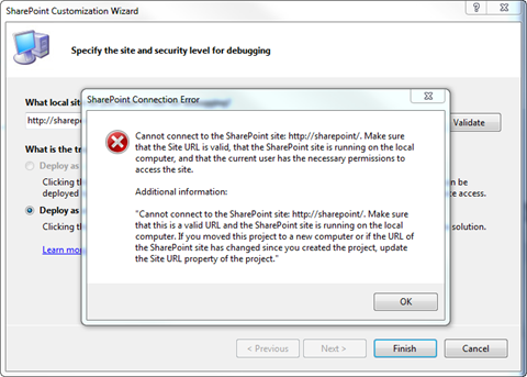 Error occurs while creating new Site Definition and pointing to a URL without a Site Collection