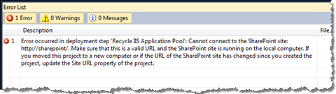 Error occurs during the Deployment Process if there is no Site Collection at the URL specified in the properties of the SharePoint Project