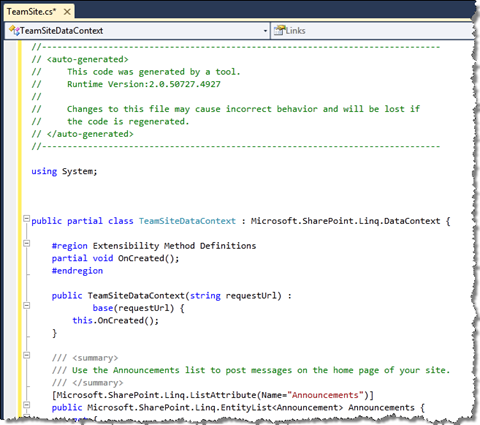 SPMetal definition generated using the Imtech Get SPMetal Definition Extension is displayed as a new file in Visual Studio