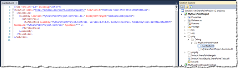 Contents of the Manifest.xml file: the Imtech.SharePoint.AssemblyFullName token has been properly replaced with the fully qualified name of the MySharePointProject.Controls assembly