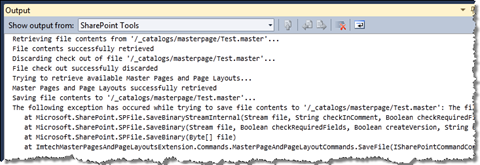 Output window with an exception message caused by trying to save a file that hasn’t been checked out