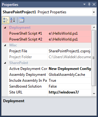PowerShell Script properties displayed in the Deployment category in the Properties Window