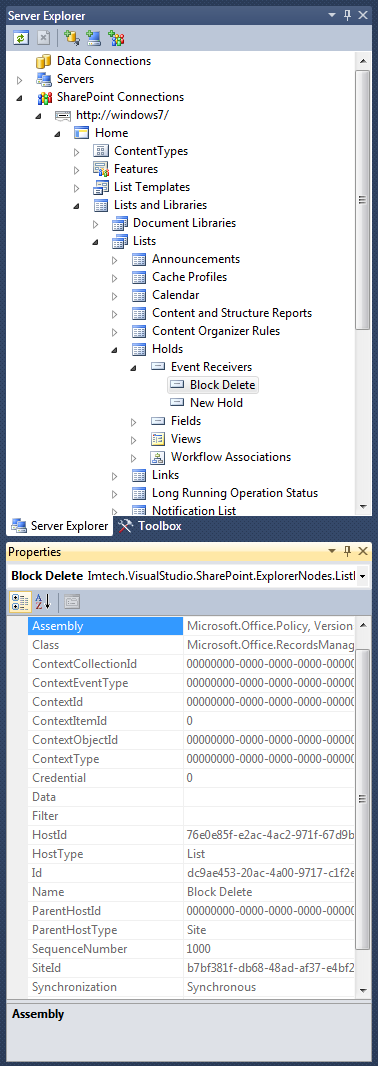 Viewing properties of an Event Receiver in the Properties Window