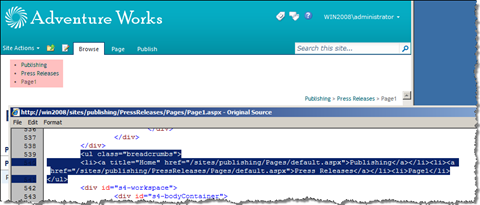 Breadcrumbs rendered as a single-level unordered list using the Mavention Simple SiteMapPath control