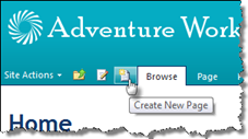 Create New Page icon in the Ribbon's Quick Launch section