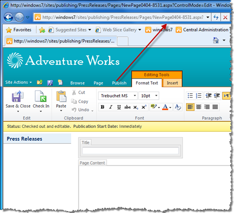 New Publishing Page created using the Mavention Instant Page Create Feature