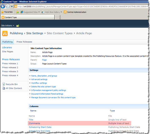 Comments field highlighted in the Site Content Type Information page for the Article Page Content Type.