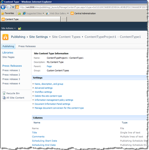 Screenshot of the Site Content Type Information page with a Content Type that inherits from the Page Content Type and contains fields as expected.