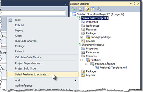 'Select Features to activate' menu item highlighted in the context project menu