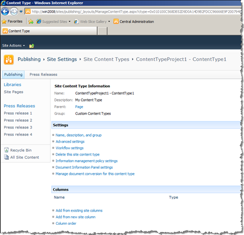 Screenshot of the Site Content Type Information page with a Content Type that doesn't contain any fields