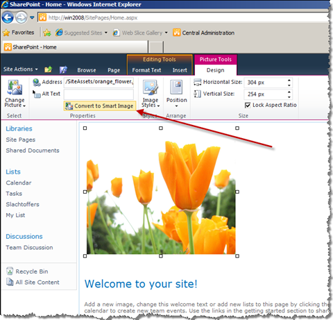 Convert to Smart Image button highlighted on the Ribbon.