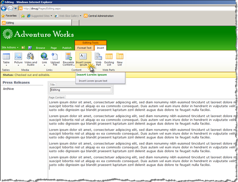 Five paragraphs of Lorem ipsum text added to the Rich Text Editor after clicking the Mavention Insert Lorem ipsum button.