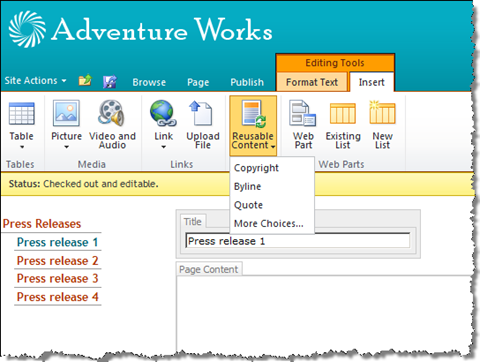 Insert Reusable Content option in the Rich Text Editor in SharePoint Server 2010