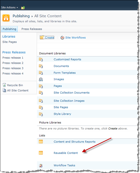 Reusable Content List in the View All Site Content view