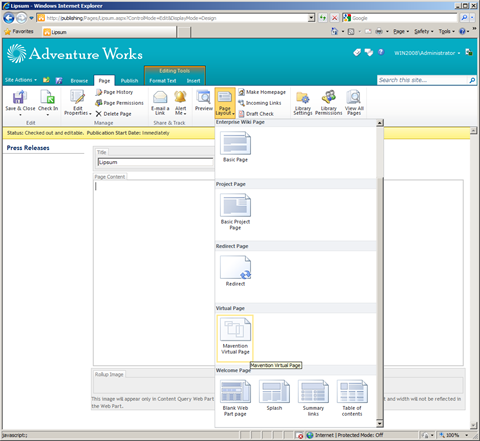 Changing Page Layout of the newly created Publishing Page to Mavention Virtual Page
