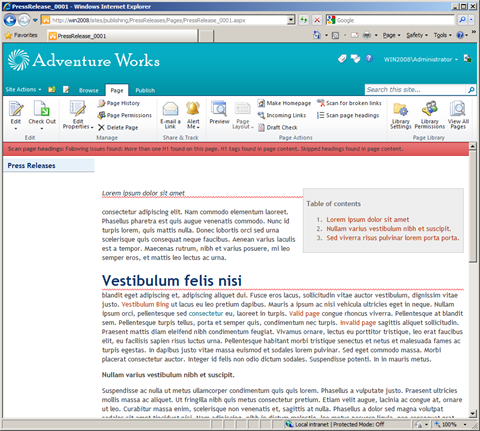 Scan results show multiple issues with the headings structure.