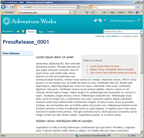 Publishing Page with Table of Contents generated using the Mavention Insert Table of Content Solution.