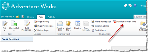 The Scan for broken links button added to the Ribbon in the Page Actions group.
