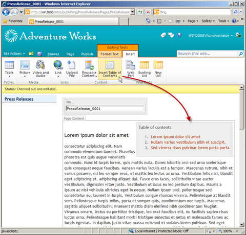 Generated Table of Contents inserted at cursor position after clicking the Insert Table of Contents button on the Ribbon.