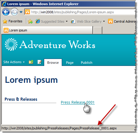 Lorem ipsum page with a link pointing to the Press Release 0001