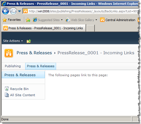 Empty list of incoming links