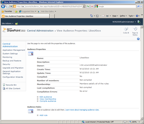 The LikesXbox Audience displayed in SharePoint 2010 Central Administration
