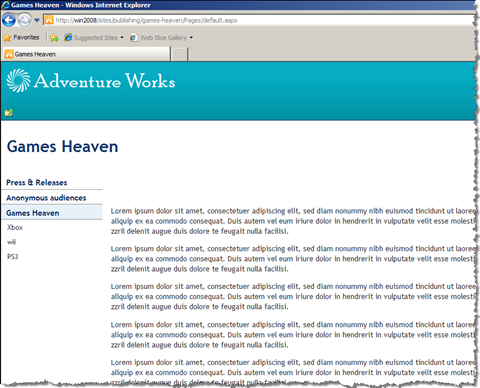 Games Heaven homepage showing only the default content