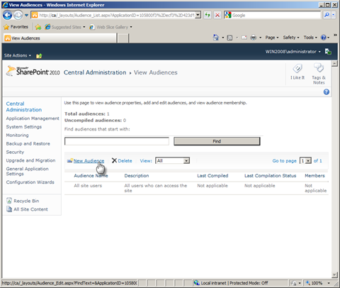 Mouse cursor pointing at the New Audience links on the View Audiences screen in SharePoint 2010 Central Administration